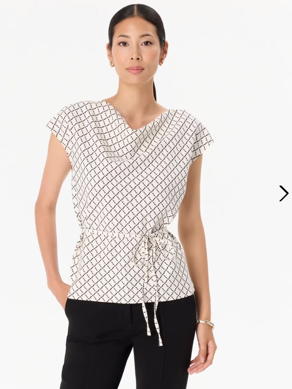 NWT🌷White House Black Market White and Black Grid Tie-Waist Cowl Blouse